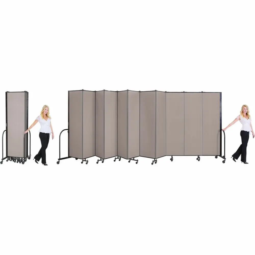 Grey folding partition panel extending across the frame on wheels