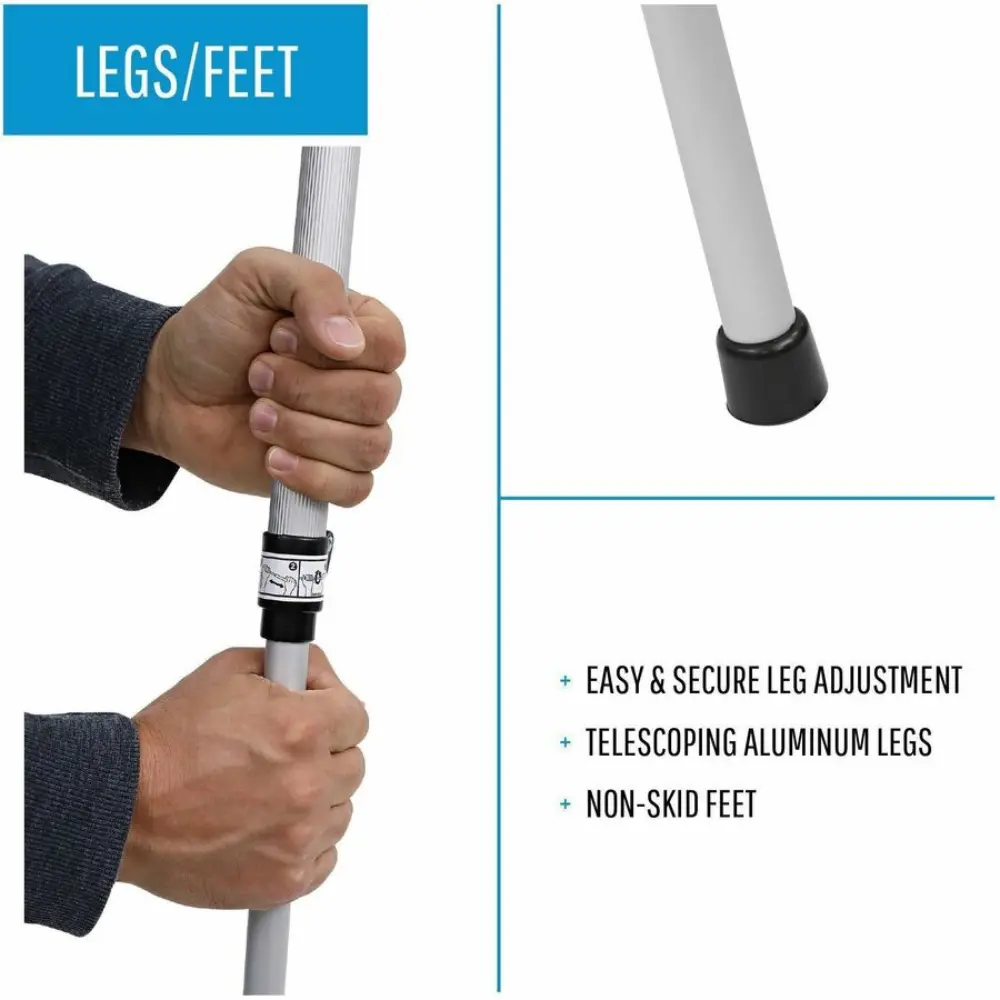 Dimensions section showing height adjustable 34" to 65" and 34 in top bar, full tripod stand.