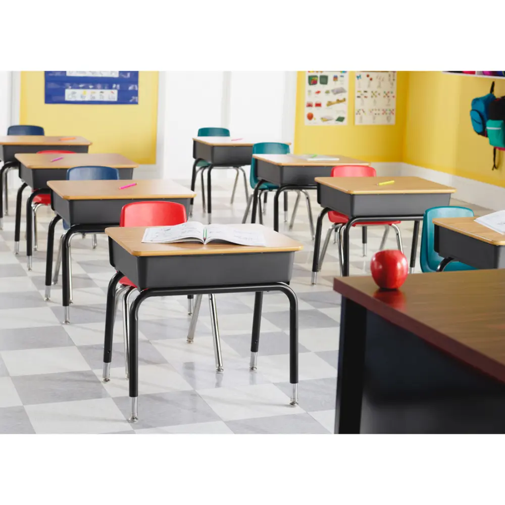Close-up of a student desk with a raised storage bin under the desktop, color scheme black legs and wooden top