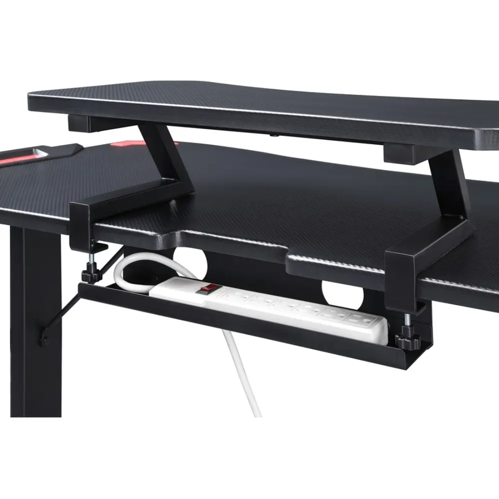 Desk with raised monitor shelf added on top, black and red accents