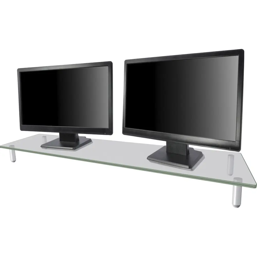 Two black computer monitors on a glass shelf with one showing a Windows desktop and the other showing graphs