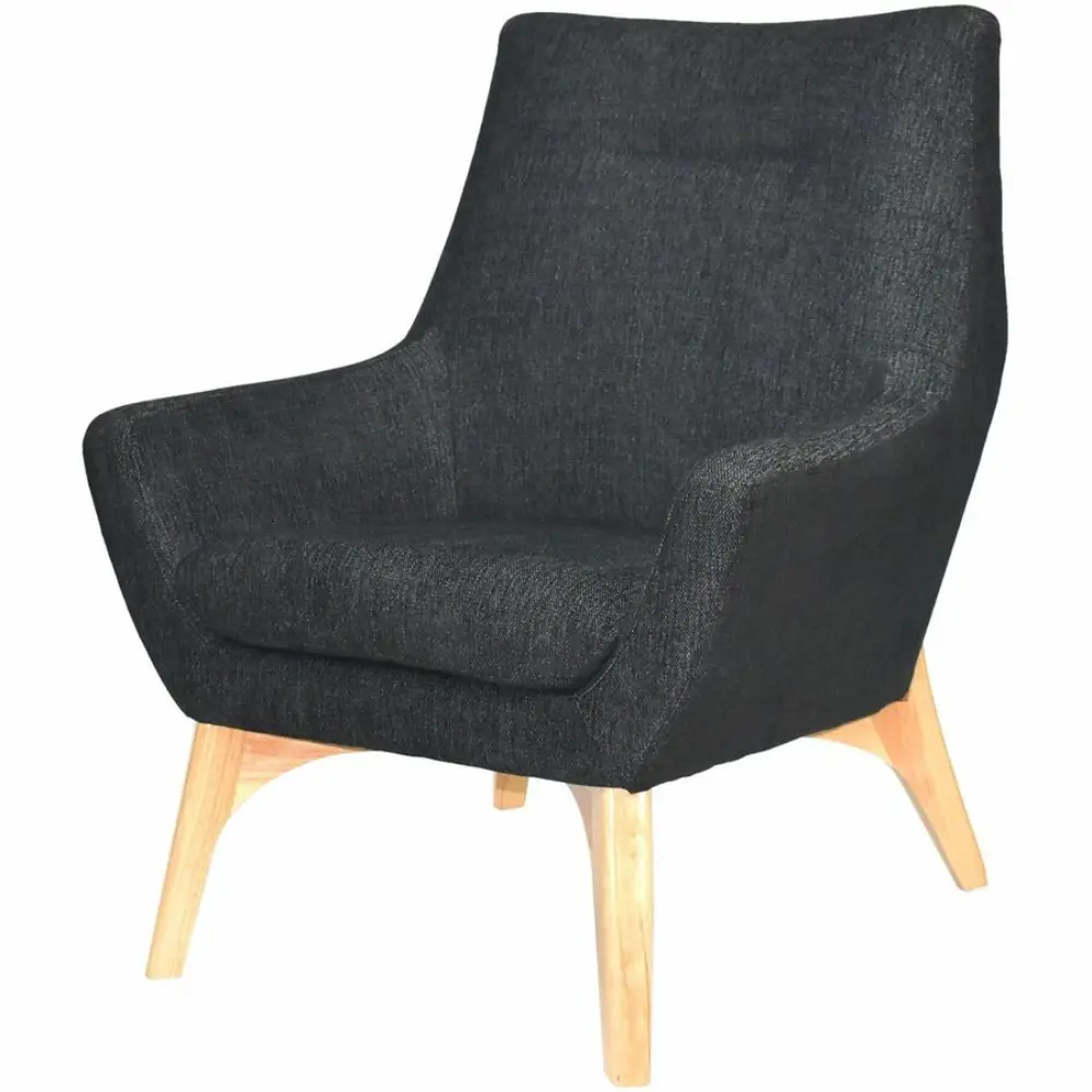 Dark gray upholstered armchair with wooden legs, back view