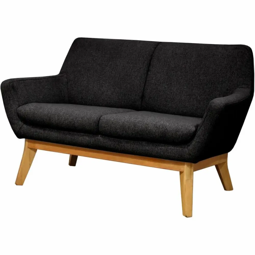 Back view close-up of dark gray sofa showing back cushions and wooden frame.
