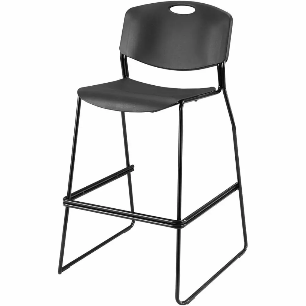 Side profile of a black bar stool with curved backrest and slim metal frame.