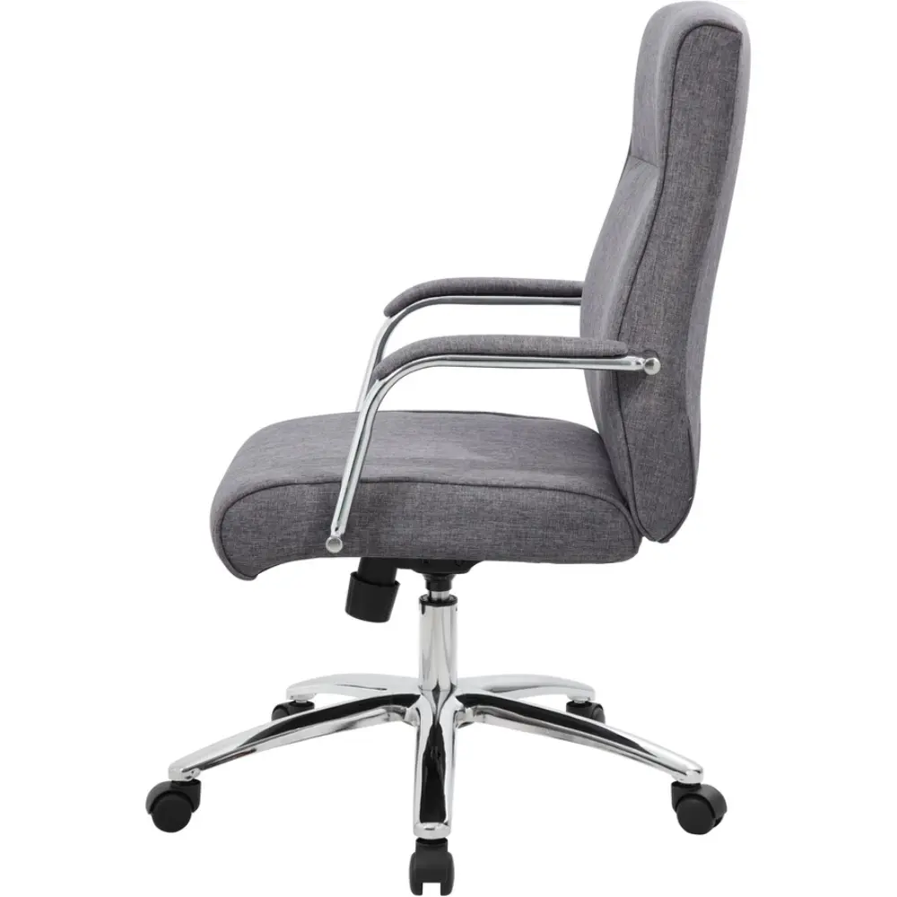 Rear view of a grey fabric office chair with chrome base and wheels.