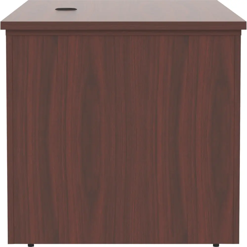 Top view of a wooden desk with cable grommet