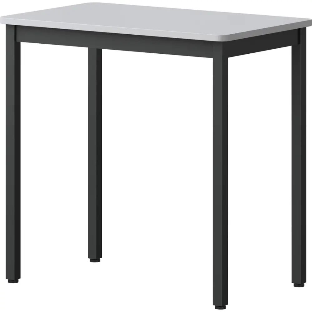 Narrow table with grey top and dark legs, front view