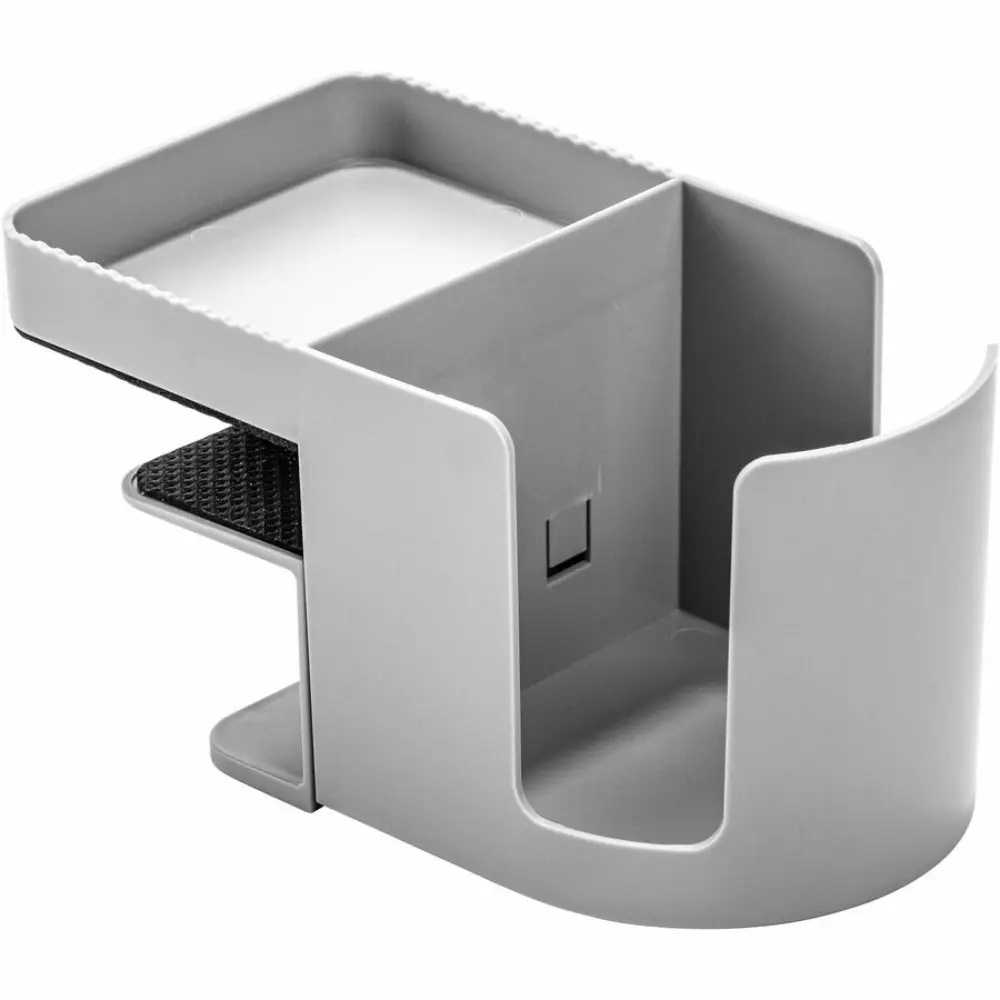 Monitor with cup holder on desk showing candies in tray