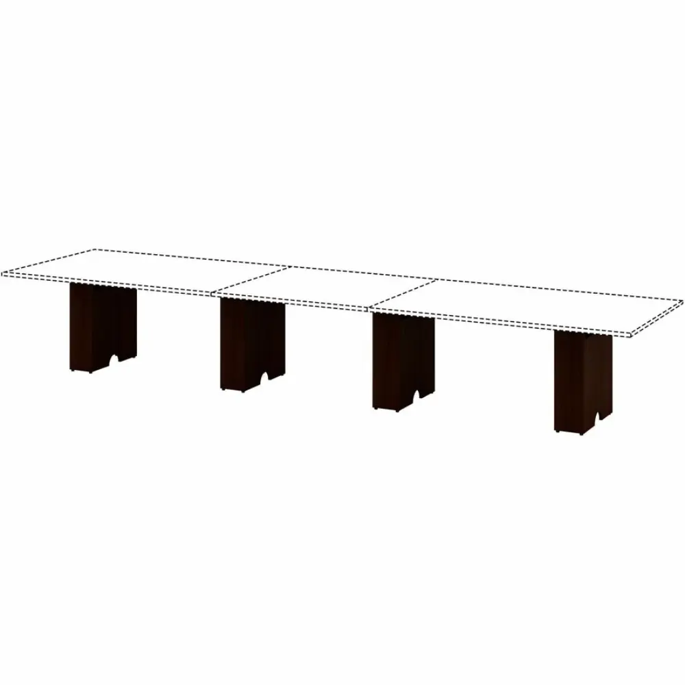 Isometric view of a large tabletop with two pedestal legs, showing electrical cord and outlet on floor