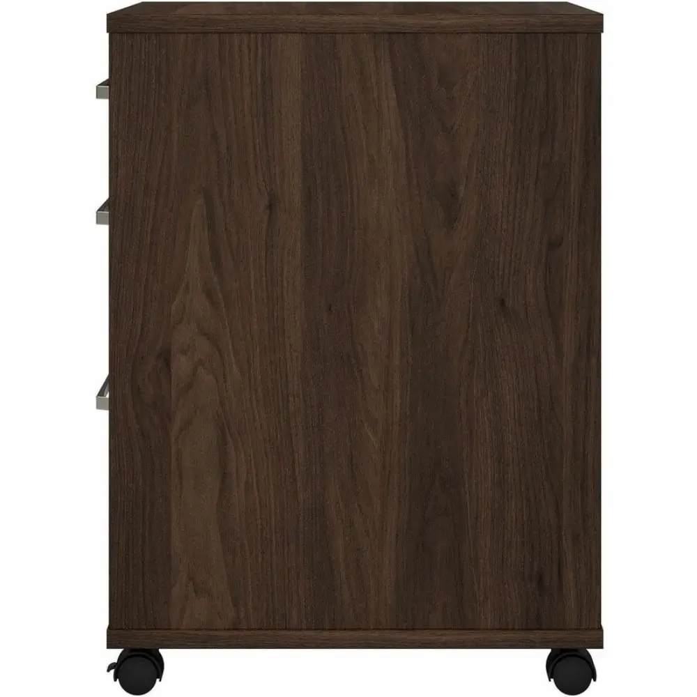 Back view of a dark wood cabinet with a flat surface top and bottom trim