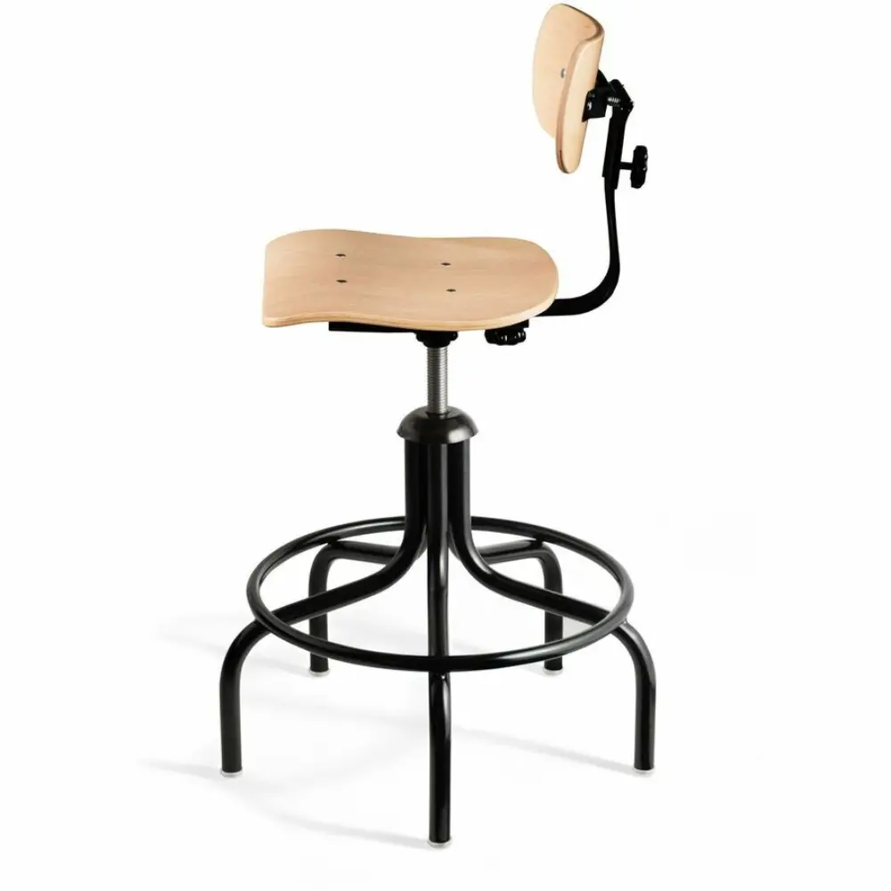 Back view of Bevco brand wooden seat with black metal support and circular foot rest.