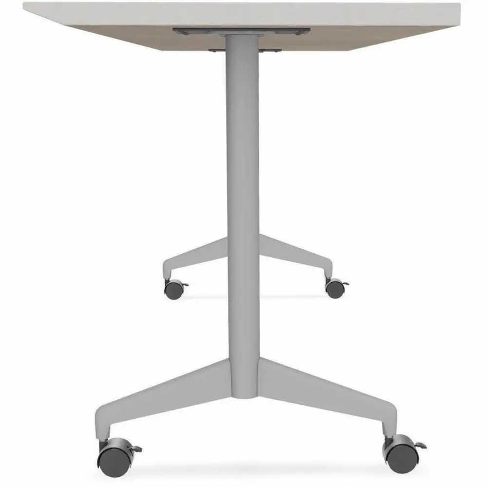 Front view of a white standing desk with central leg and wheeled base.