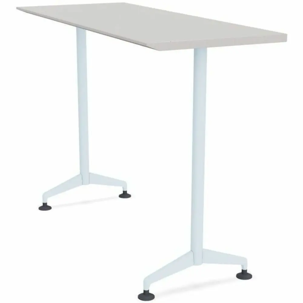 A white desk with two tall legs and a bridging support on each leg, seen from front.