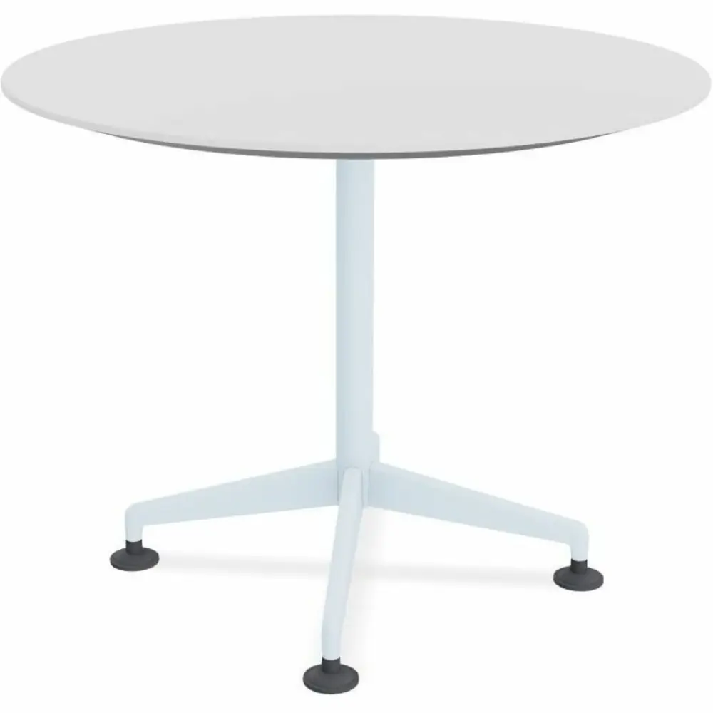 Round table top mounted to a vertical support on a tripod wheeled base