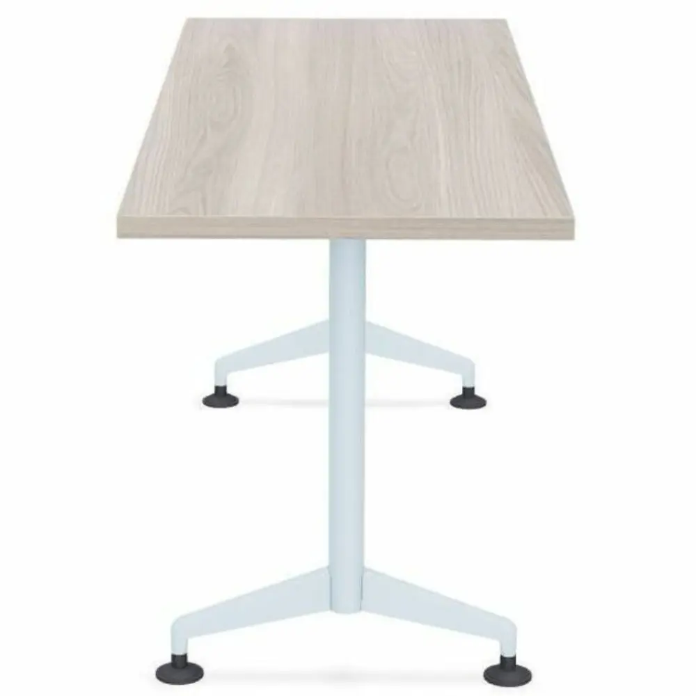 Long light wood tabletop with two white legs on mobile stands