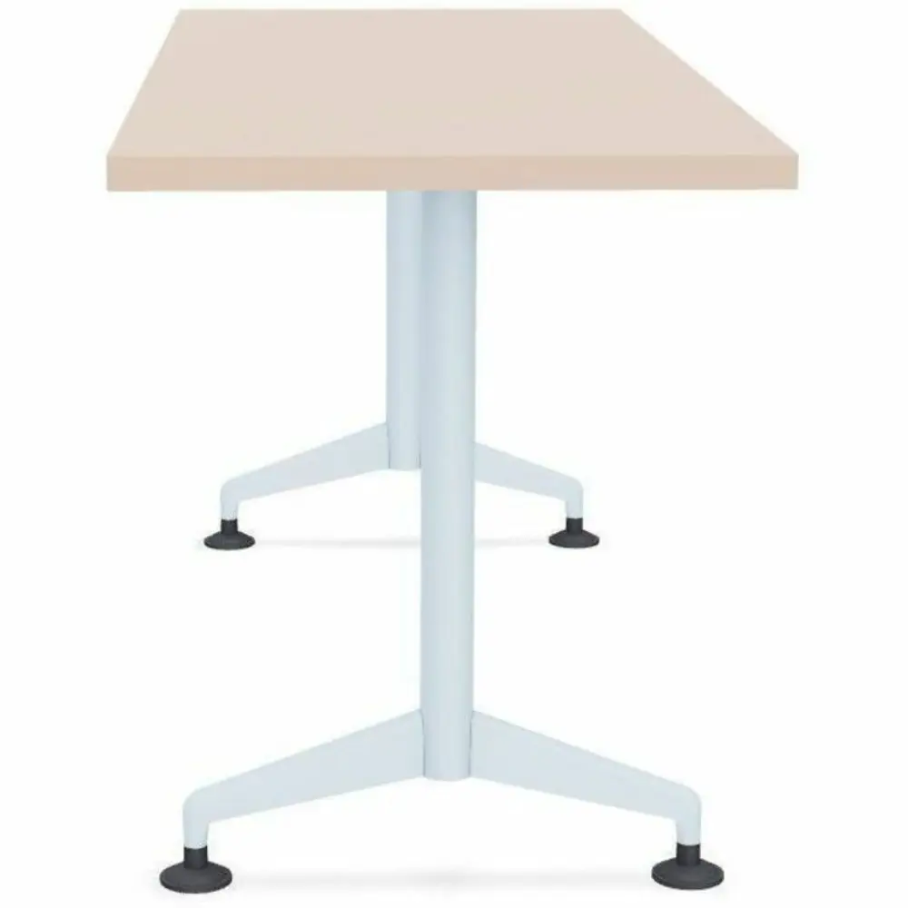 A high white rectangular desk with two pedestal legs on wheels, showing the underside and adjustable feet.