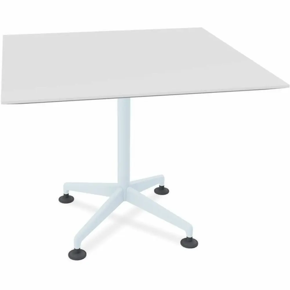 A white square pedestal table with a dark underside visible from below, showing the central support and base.