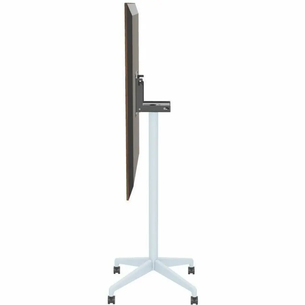 Back view of a brown wood panel mounted on a light blue/gray stand with wheels