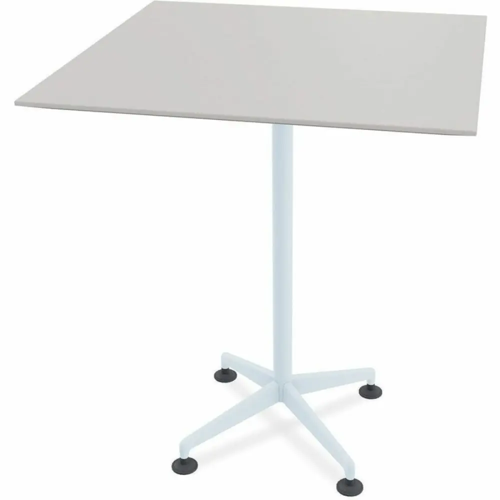 Back view of a white adjustable-height pedestal table with square base and wheels