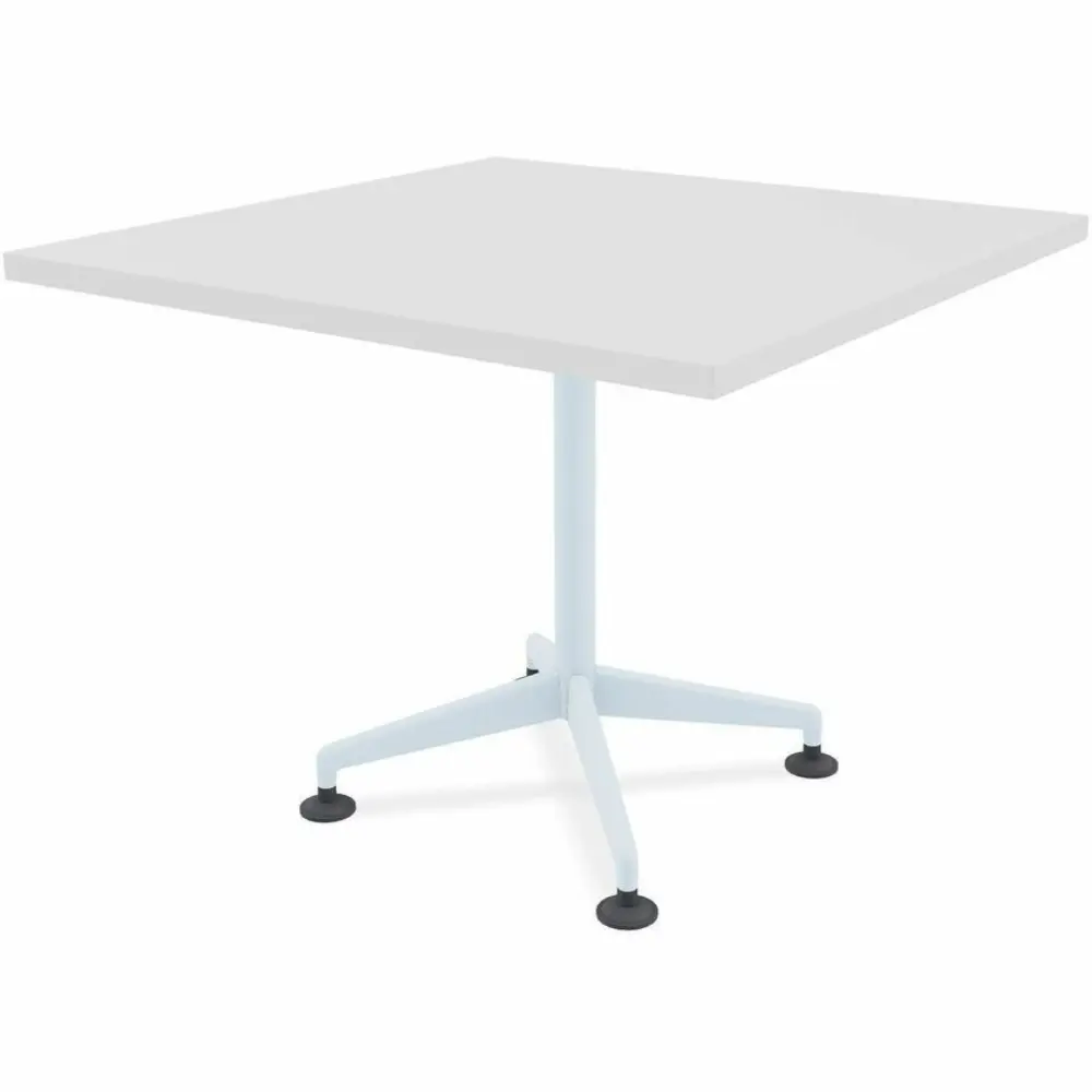 White rectangular table with light blue central pedestal and four-legged tripod base