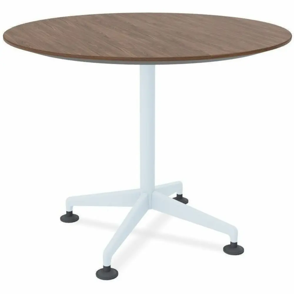 Round table with wood top and light blue pedestal base, underside view shows mounting plate