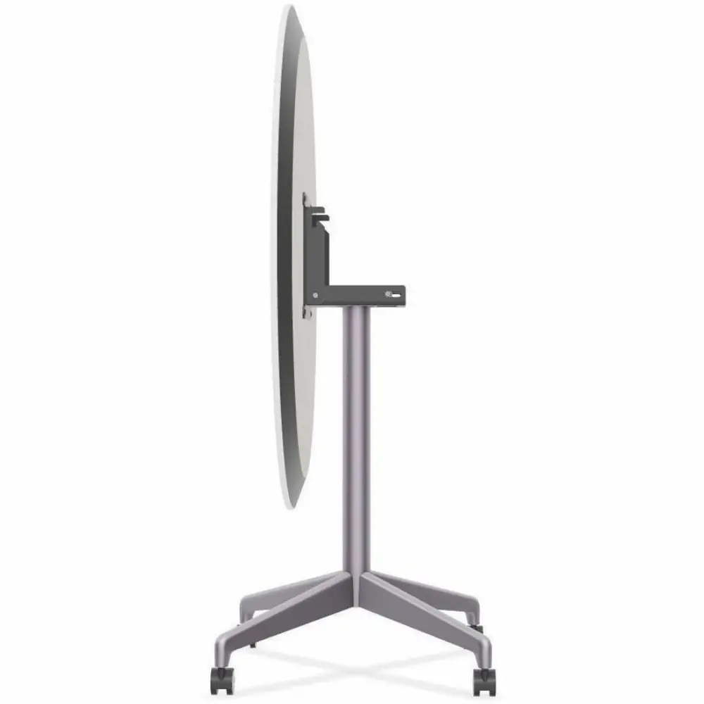 Side view of a round table on a wheeled stand with metal frame.
