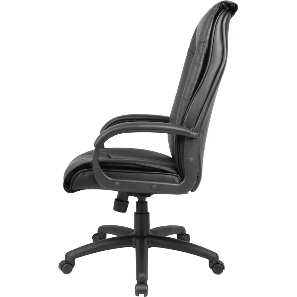 Rear view of black leather high-back executive chair with back cushioning