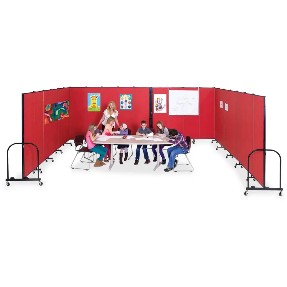Blue privacy panels in a library or classroom setting with student tables