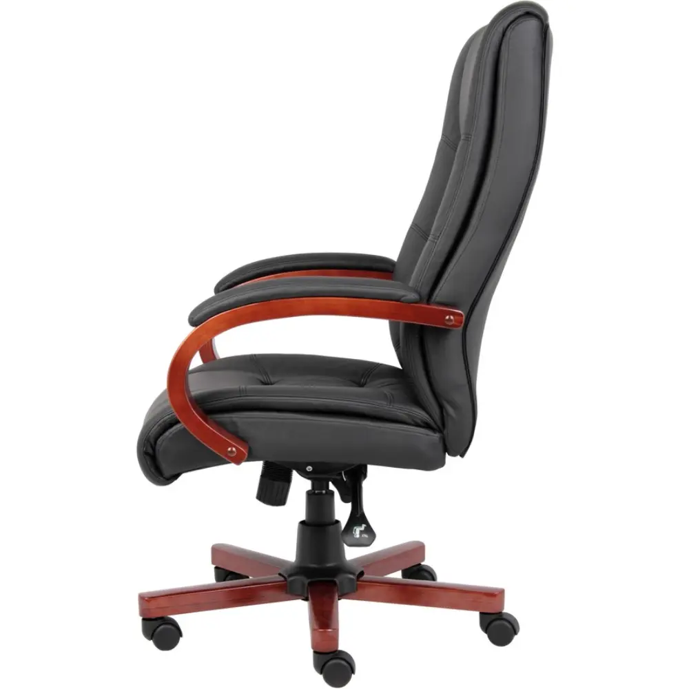 Back view of black leather high-back office chair with wooden frame and five-star wheeled base.