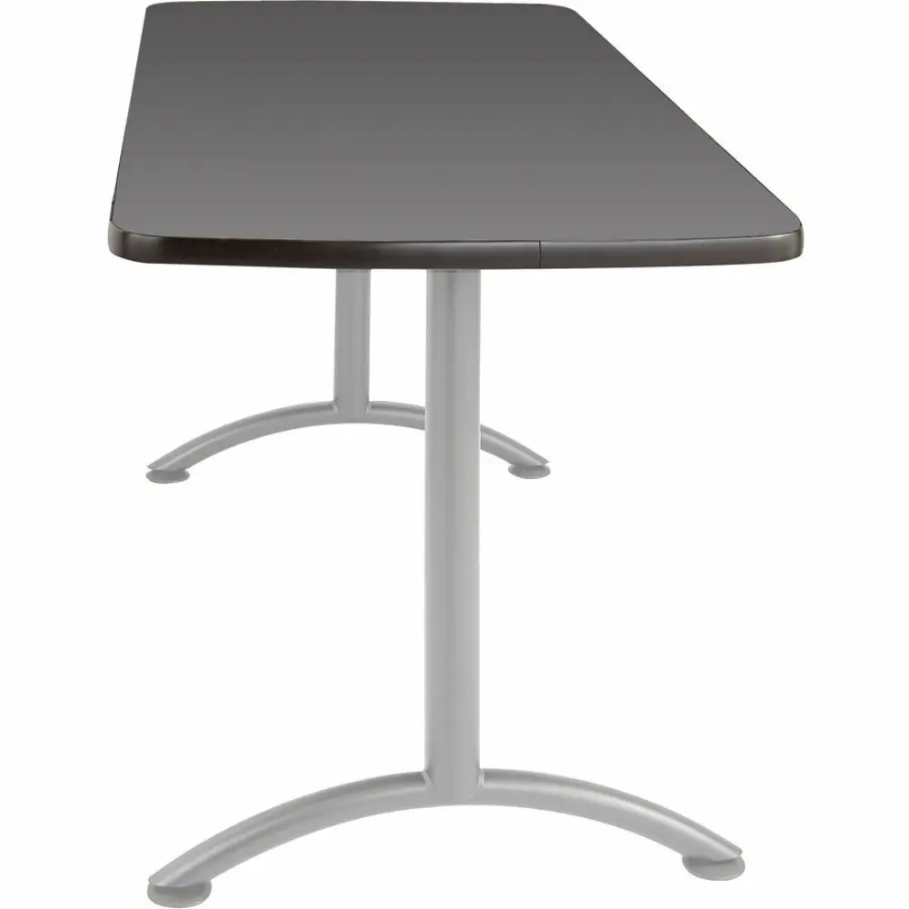 Rectangular dark grey desk/table with curved corners and metal legs.