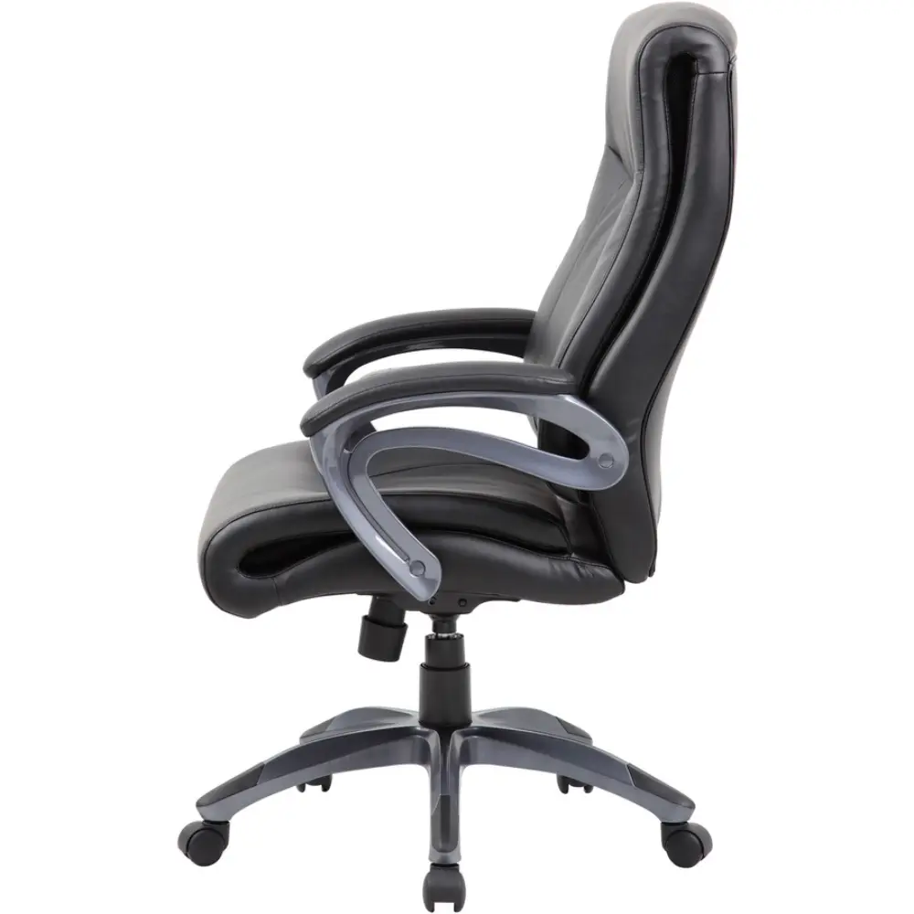 Rear view of black leather high-back office chair with adjustable height mechanism