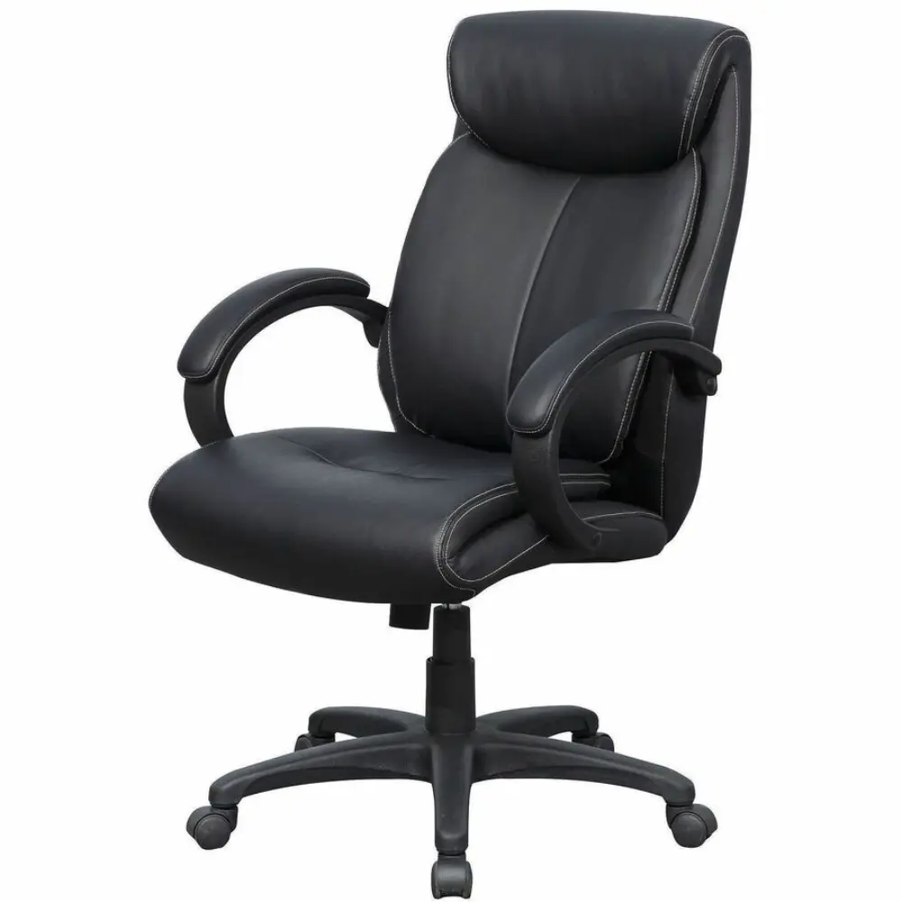 Rear view of black leather executive desk chair with white stitching