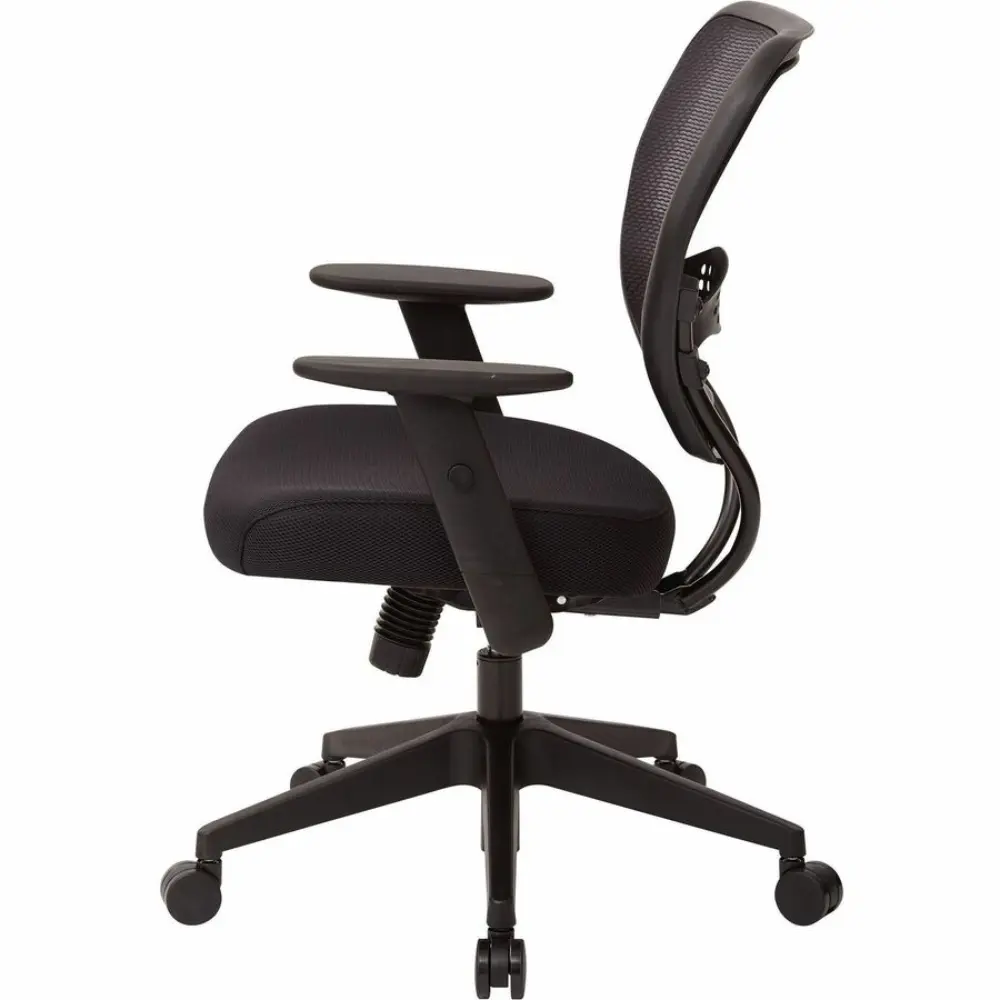 Back view of black ergonomic mesh chair showing lumbar support and tilt mechanism, five-star base with wheels