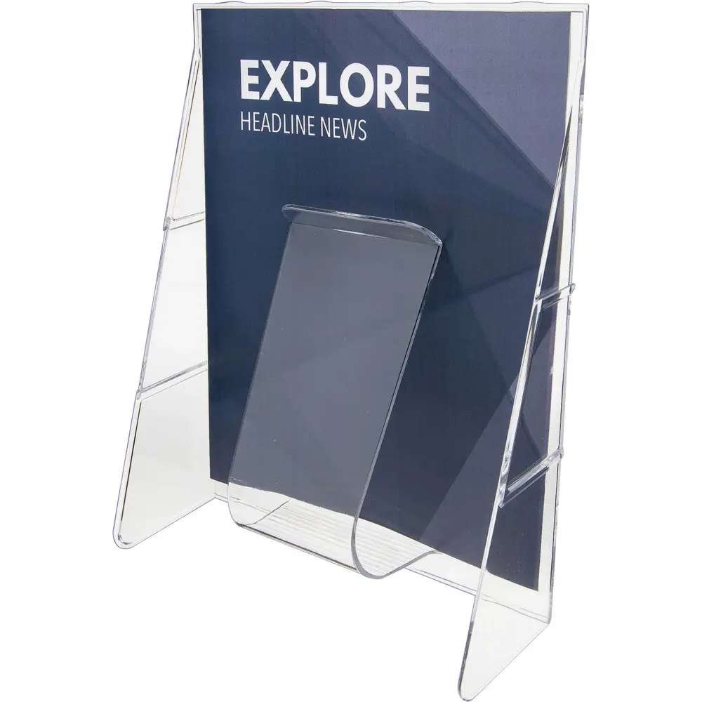 Clear acrylic magazine or brochure stand with two side panels and back support showing 2 5/8" depth text listing