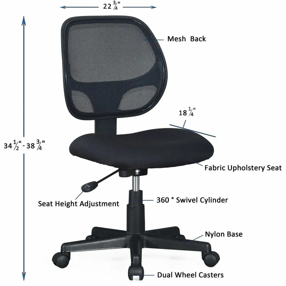 Office chair blueprints with dimensions showing overall width, depth, back height, seat width, and wheelbase