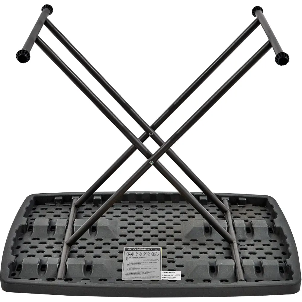 Ironing board with gray cover and black metal frame