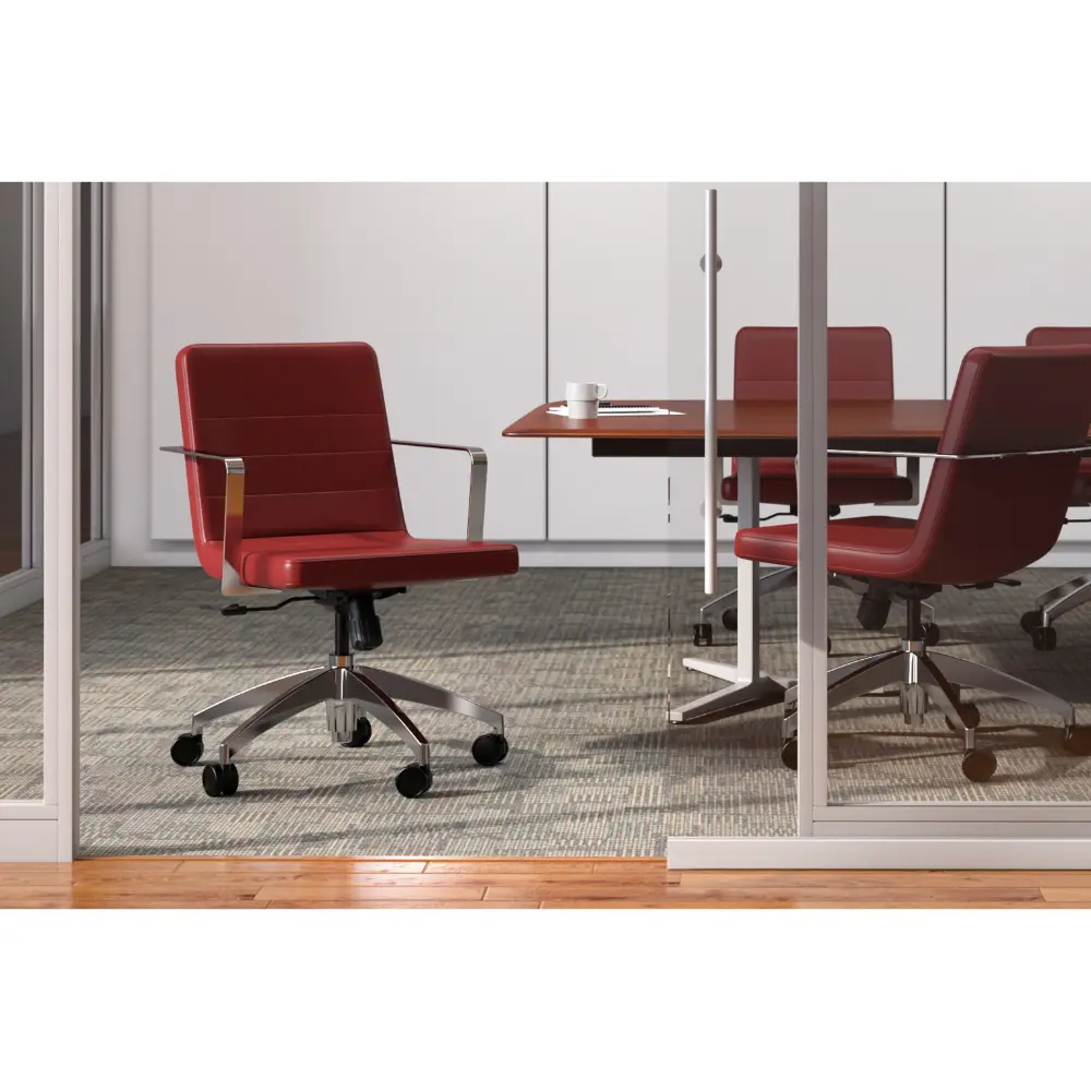 Back view of brown leather office chair with chrome arms and five caster base