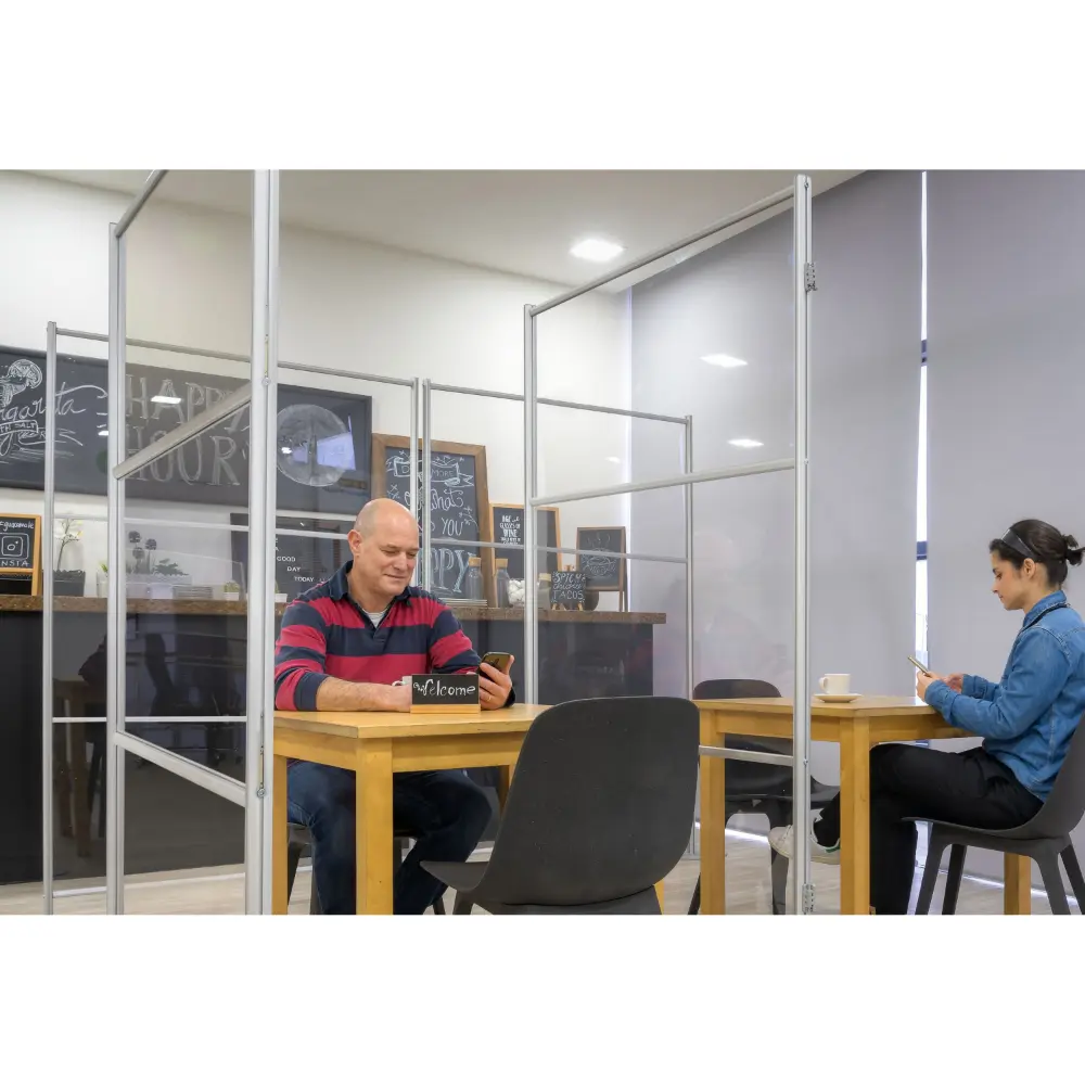 Blue banner labeled FEATURES above a whiteboard/partition with four panels on wheels