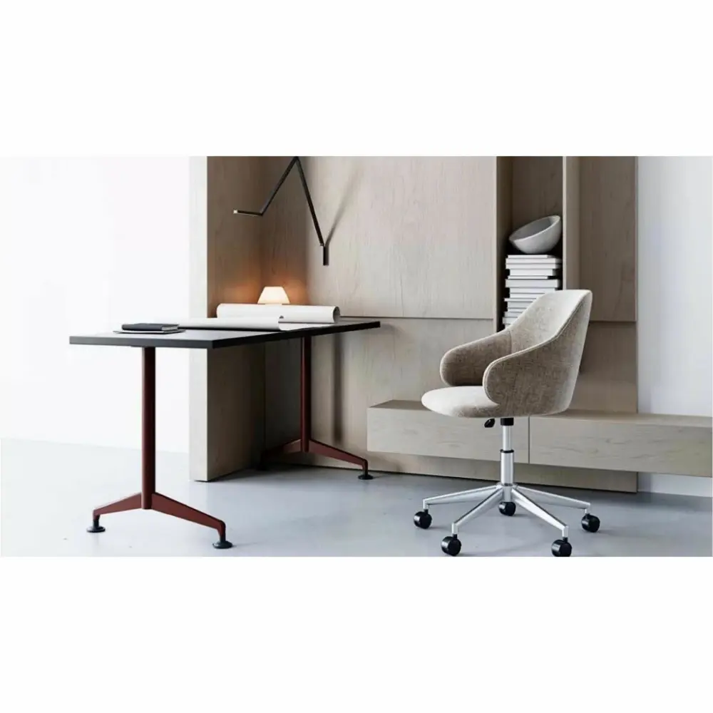 White standing-height desk with two sculpted legs and round feet.