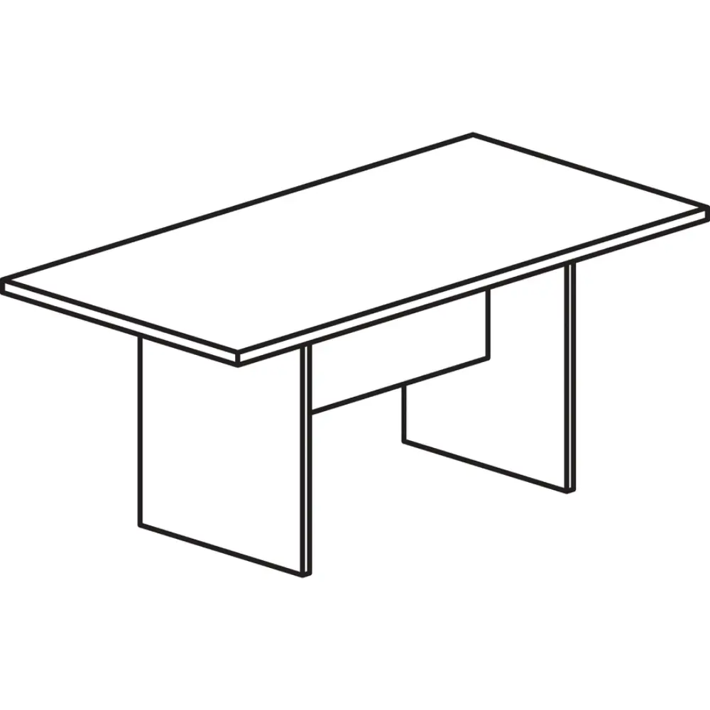 A large wooden conference table with a rectangular top and two vertical pedestal supports.