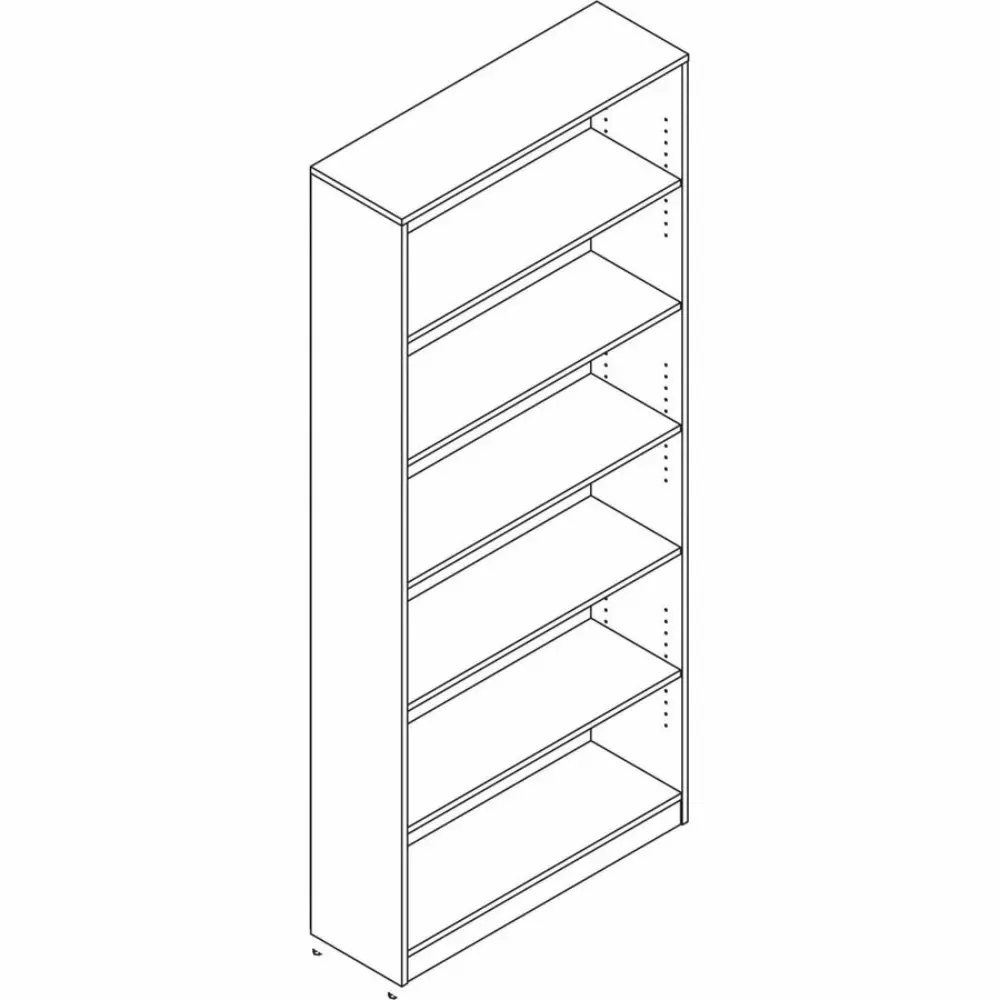 A mid-height wooden bookshelf with five shelves, dark wood finish.