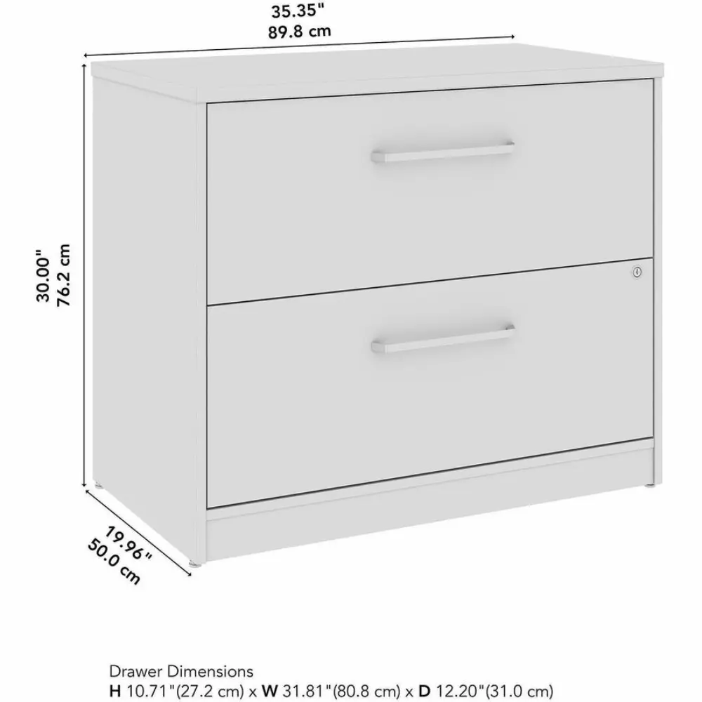 Open two-drawer wood filing cabinet showing runners and drawers