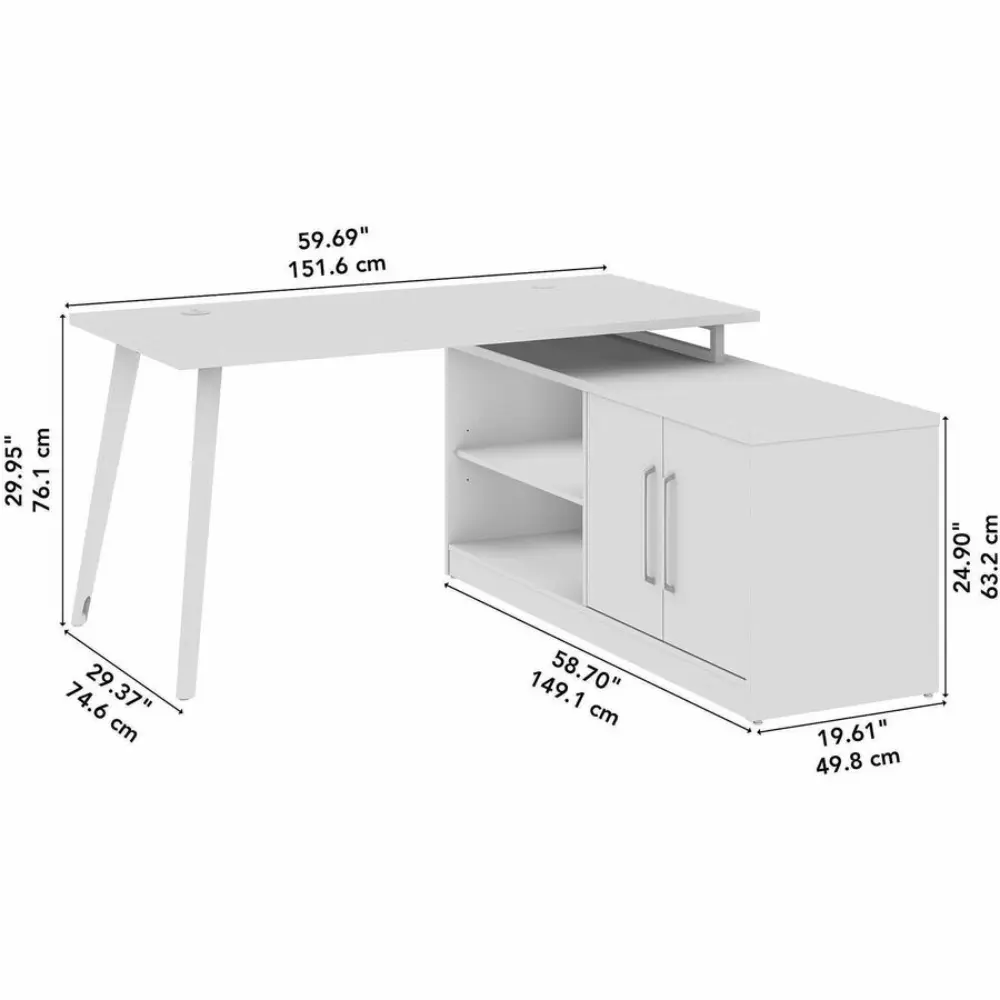 Desk with integrated cabinet and open shelf, light wood finish