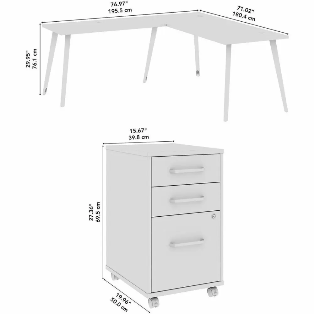 A single unit of the same L-shaped desk with matching mobile filing cabinet on the side.