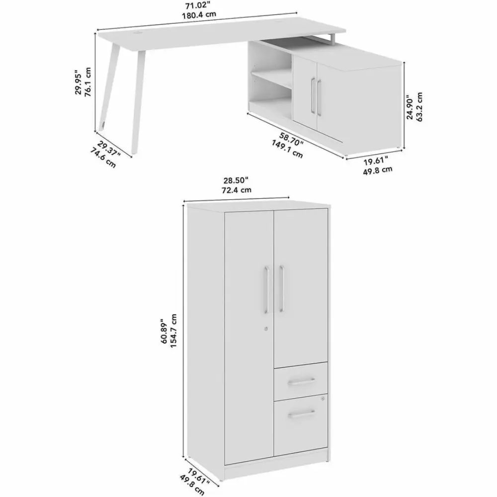 Isometric view of a light wood desk with integrated storage and a tall cabinet