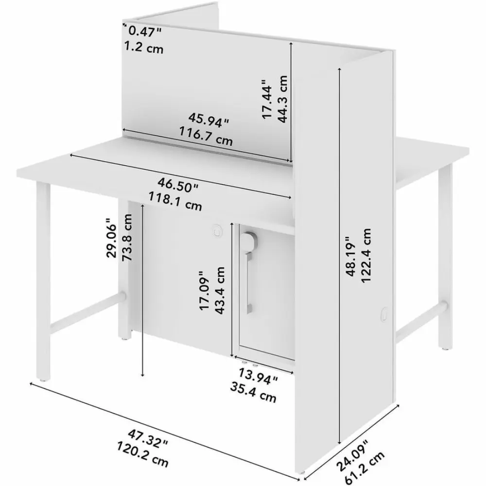 Desk with privacy panel and cable management, showing metal legs and grey wood top.