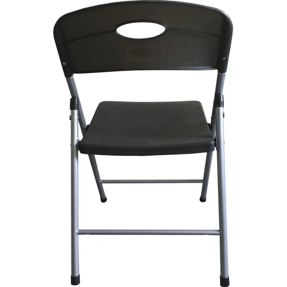Side view of a folding chair showing metal frame and black seat with backrest.