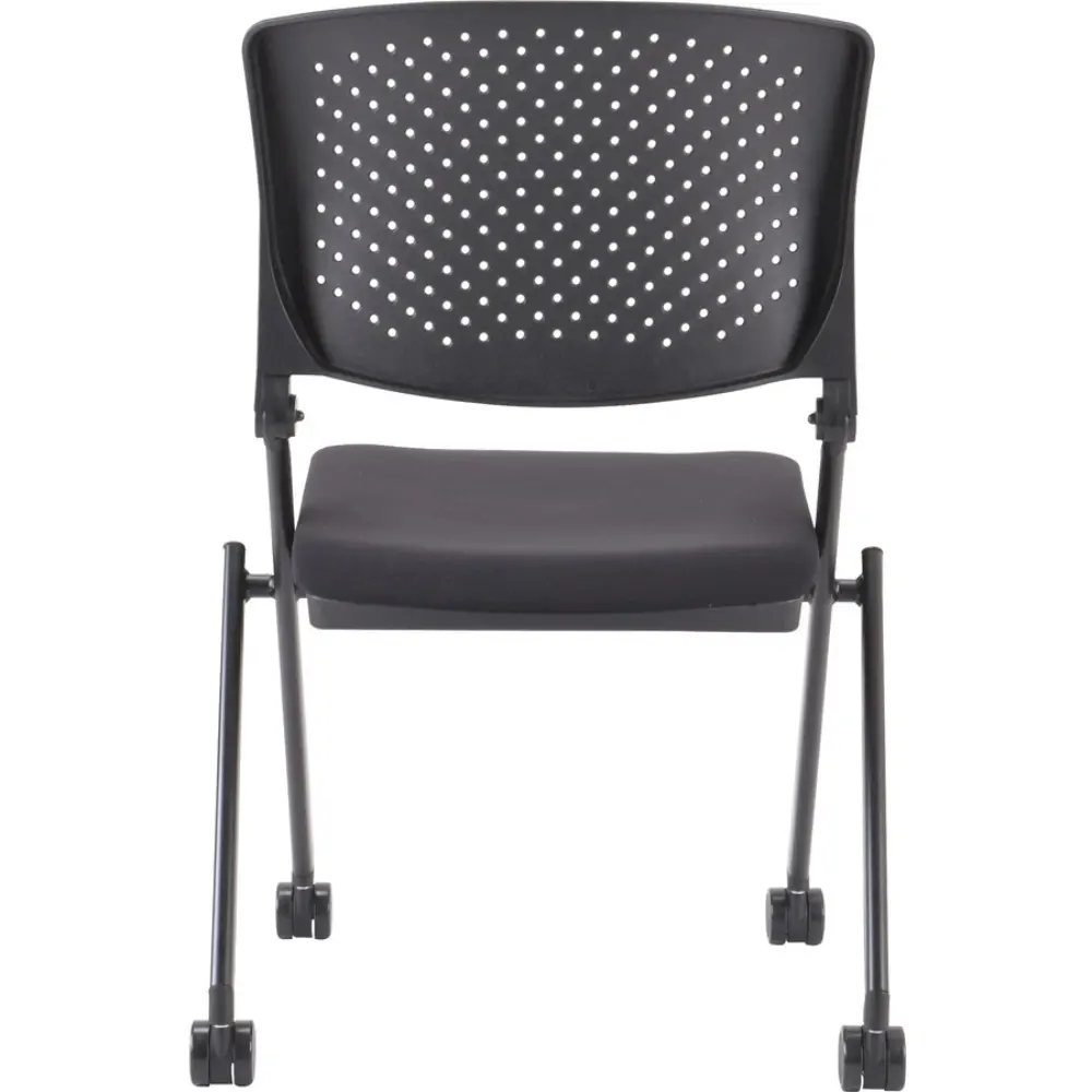 Side view of a black padded chair with V-shaped metal frame and caster wheels