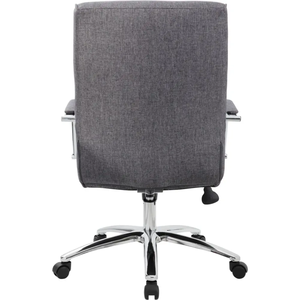 Side profile of grey fabric executive chair showing seat and back cushion.