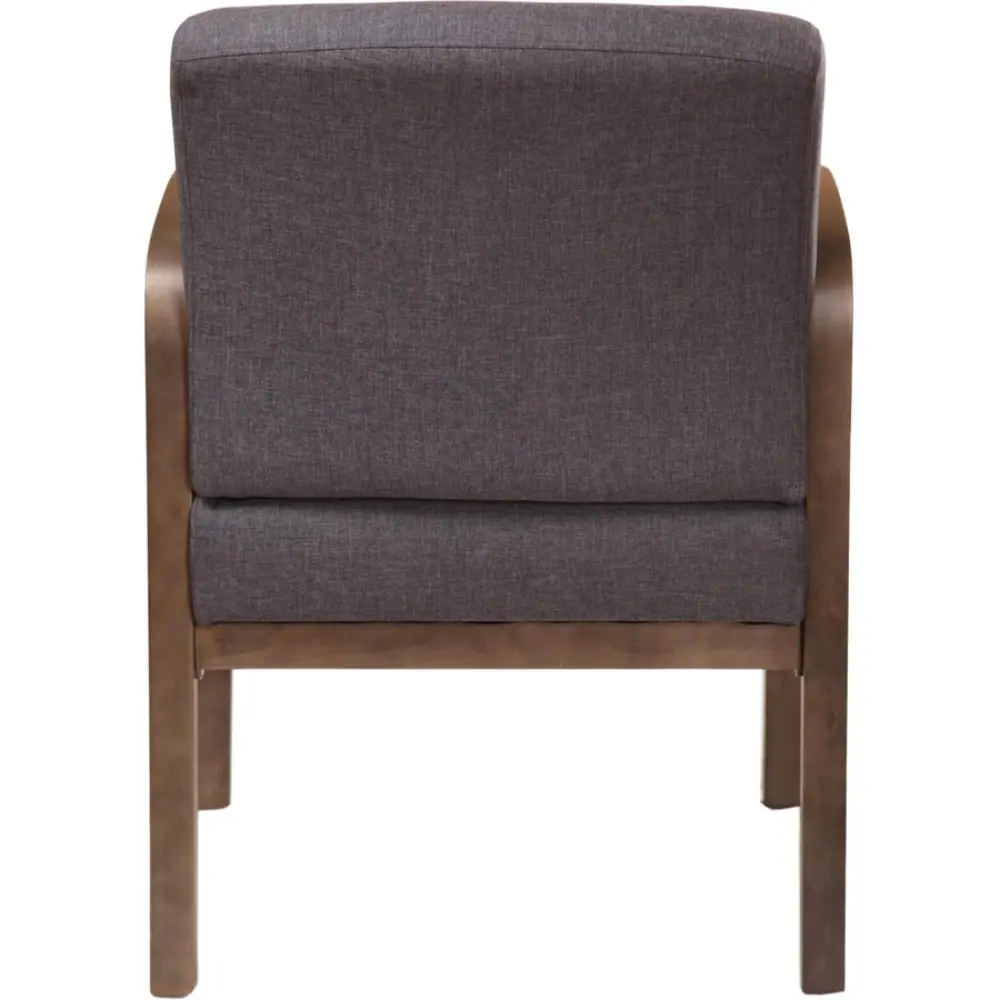 Side view of gray upholstered chair with wooden frame